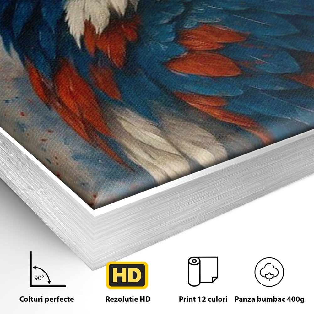 Detaliu al suprafetei: tablou canvas cu vultur american pictat, in rama de aluminiu argintiu